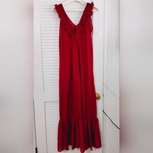 70's Mr Jack Jr. Burgundy Red Maxi Intricate Smocking, V Neck Nylon Nightgown